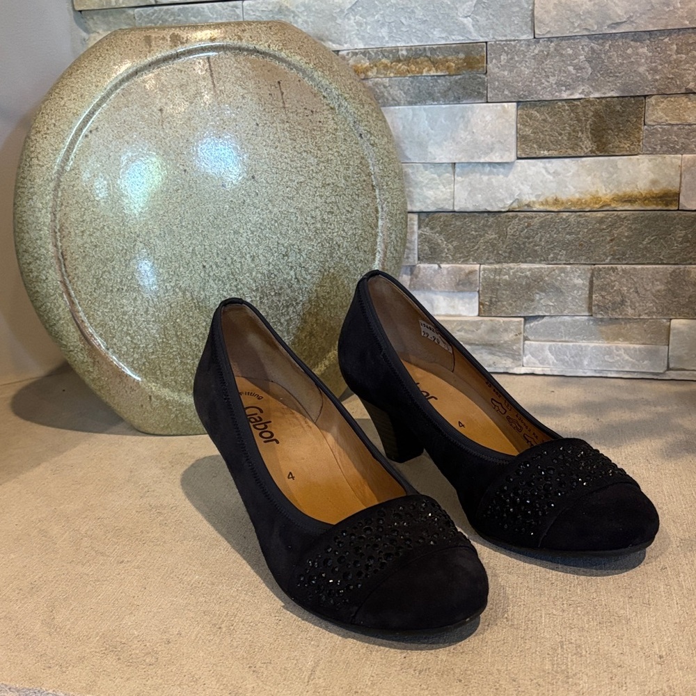 Gabor European Black Crystal Embellished Suede Pumps